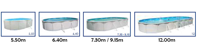 Kit piscine hors-sol acier Toi MALLORCA OVALADA ovale 6.40 x 3.66 x 1.20m decor laque blanc - Visuels des bassins hors-sol Toi en fonction de leurs dimensions