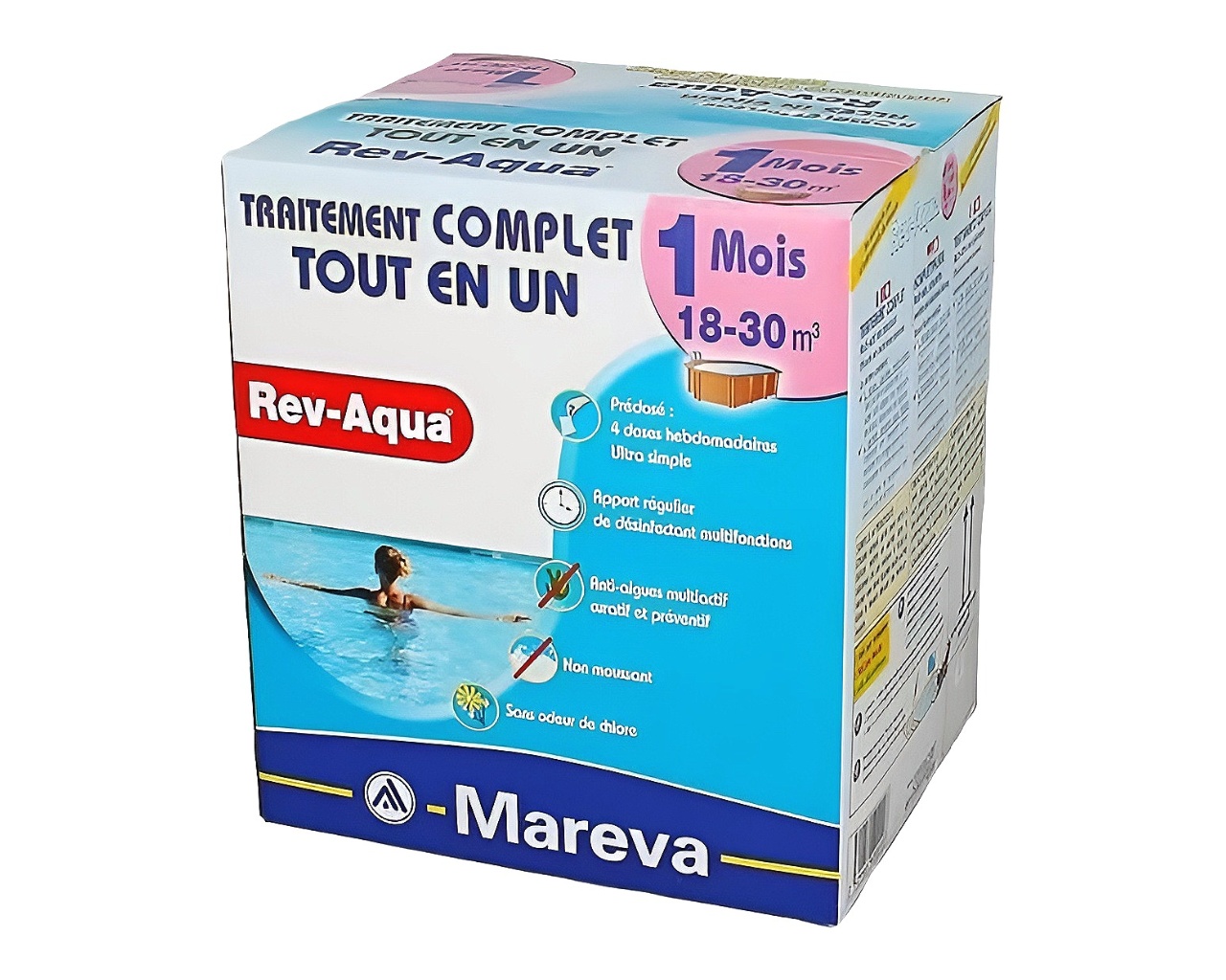 Traitement mensuel sans chlore Mareva REV-AQUA 4 en 1 piscine 18 a 30m³