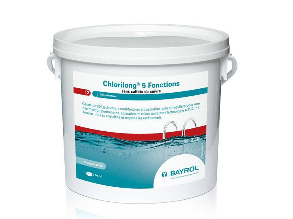 Galets de chlore lent CHLORILONG 5 FONCTIONS 250g Bayrol seau de 5kg