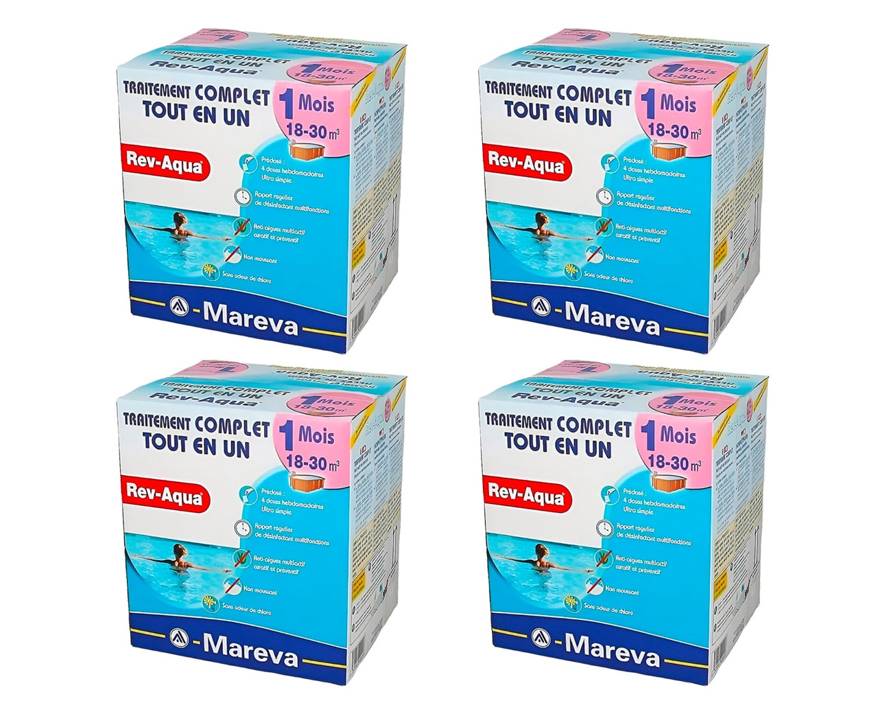 Pack 4 mois traitement sans chlore Mareva REV-AQUA 4 en 1 piscine 18 a 30m³