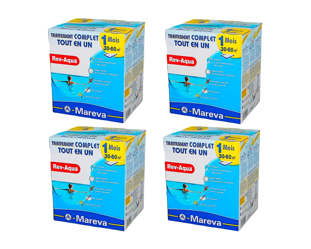 Pack 4 mois traitement sans chlore Mareva REV-AQUA 4 en 1 piscine 30 a 60m³