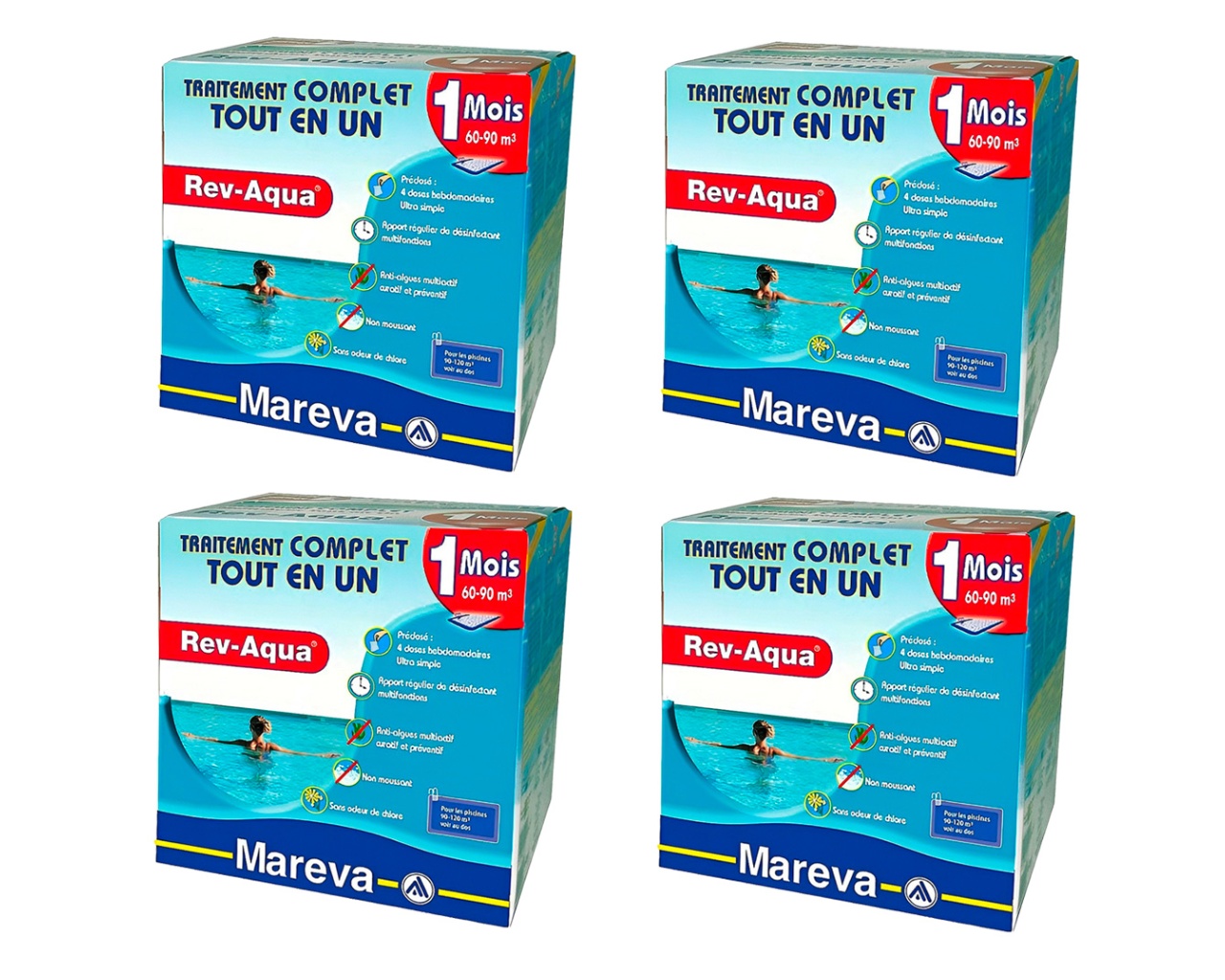 Pack 4 mois traitement sans chlore Mareva REV-AQUA 4 en 1 piscine 60 a 90m³