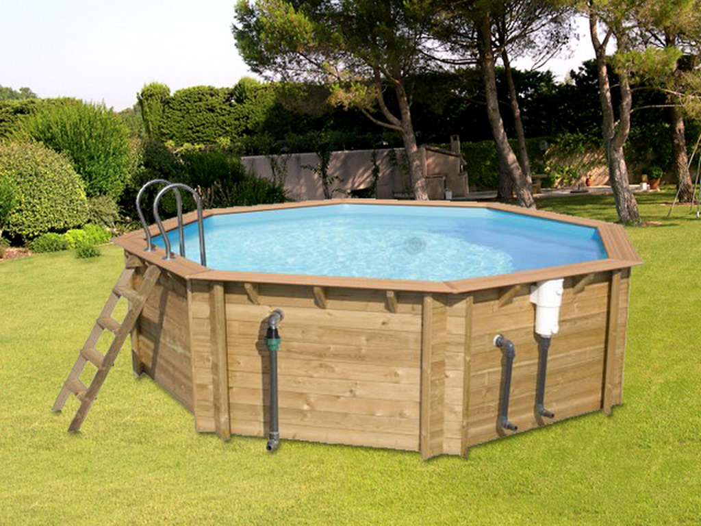 Piscine hors-sol bois BWT myPOOL ODYSSEA OCTO 530 H133cm margelles havane liner bleu