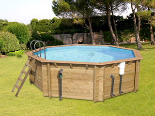 Piscine hors-sol bois BWT myPOOL ODYSSEA OCTO 530 H133cm margelles havane liner bleu