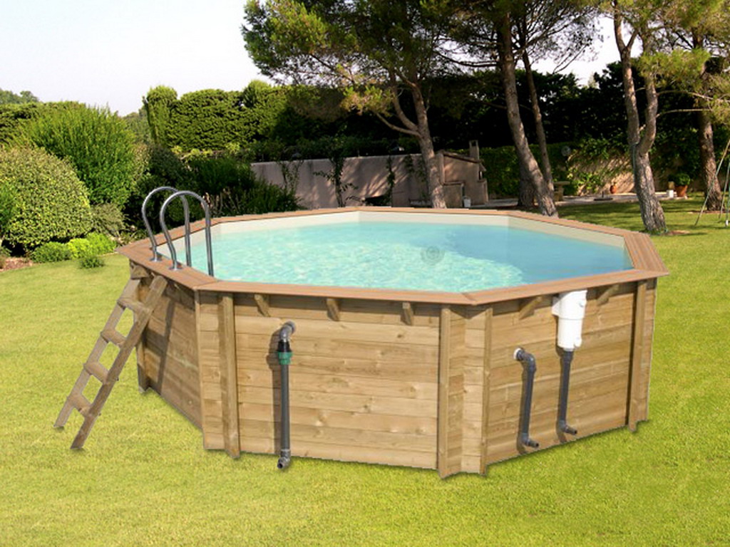 Piscine hors-sol bois BWT myPOOL ODYSSEA OCTO 530 H133cm margelles havane liner sable