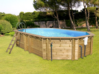 Piscine hors-sol bois BWT myPOOL ODYSSEA OCTO+ 640 H133cm margelles havane liner bleu