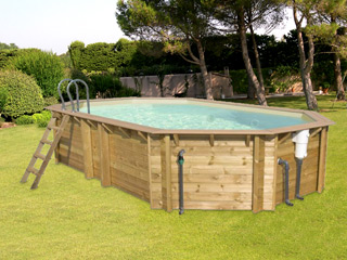 Piscine hors-sol bois BWT myPOOL ODYSSEA OCTO+ 640 H133cm margelles havane liner sable