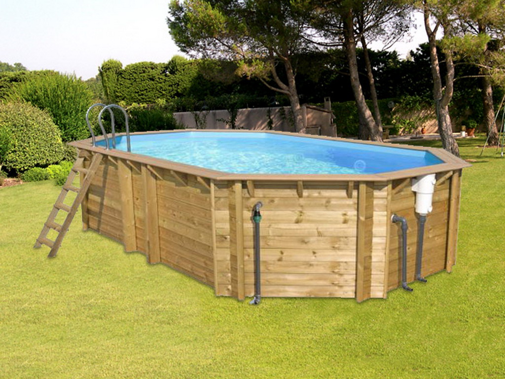 Piscine hors-sol bois BWT myPOOL ODYSSEA OCTO+ 640 H146cm margelles havane liner bleu