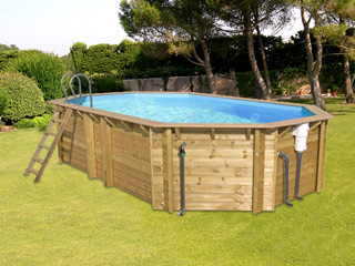 Piscine hors-sol bois BWT myPOOL ODYSSEA OCTO+ 640 H146cm margelles havane liner bleu