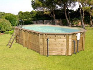 Piscine hors-sol bois BWT myPOOL ODYSSEA OCTO+ 640 H146cm margelles havane liner sable