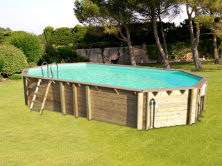 Piscine hors-sol bois BWT myPOOL ODYSSEA OCTO+ 840 H133cm margelles havane liner sable