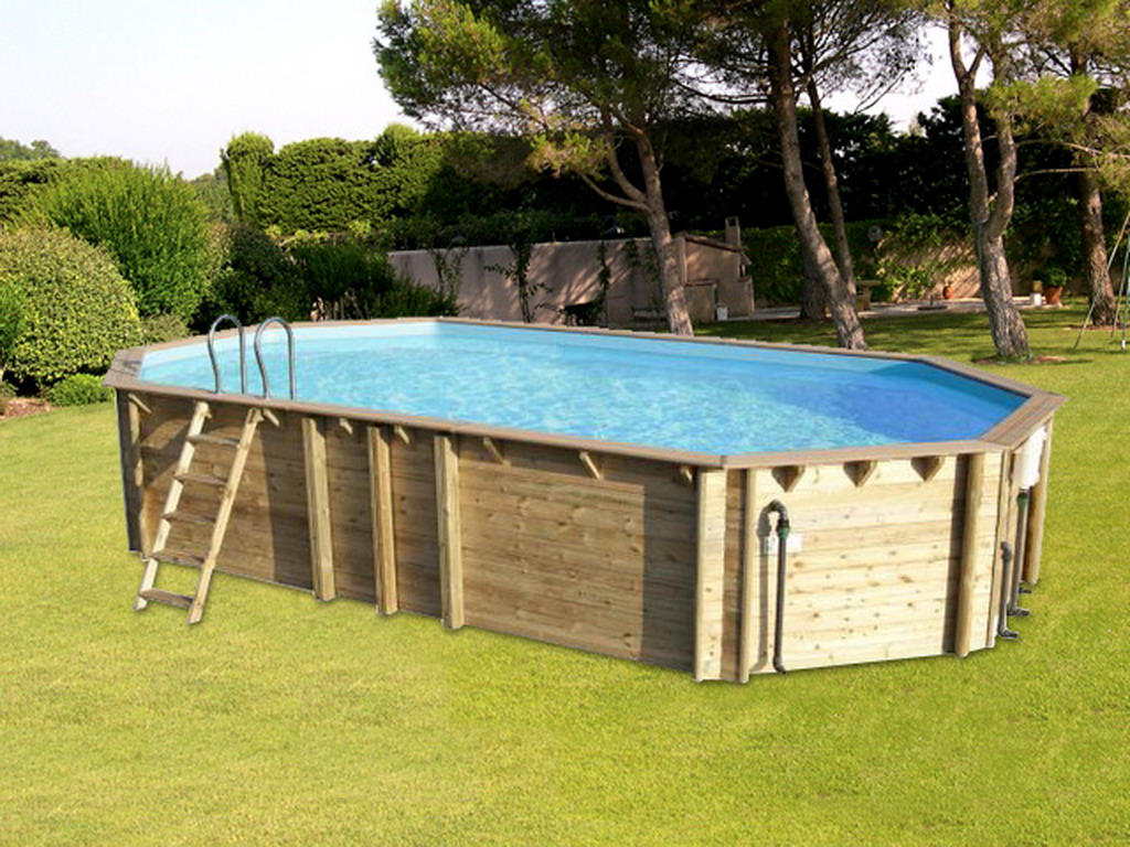 Piscine hors-sol bois BWT myPOOL ODYSSEA OCTO+ 840 H146cm margelles havane liner bleu