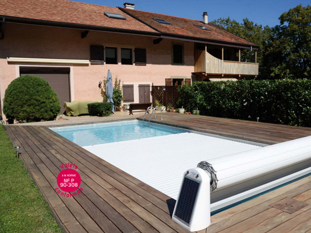 Volet automatique hors d'eau Abriblue OPEN SOLAR ENERGY coloris blanc pour piscine 3.5x7m sans escalier