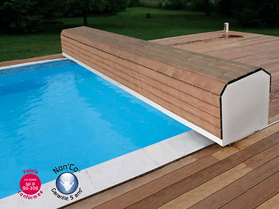 Image Volet automatique Abriblue BANC SURF SYSTEM version filaire banc blanc lames PVC blanches pour piscine 6x12m sans escalier