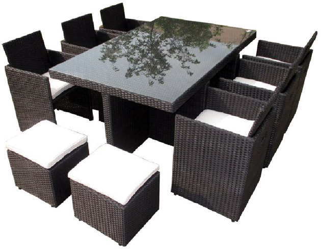 Salon de jardin en resine tressee encastrable avec table + 6 fauteuils + 4 poufs coloris noir - Salon de jardin résine tressée Encastrable pour un gain de place maximal
