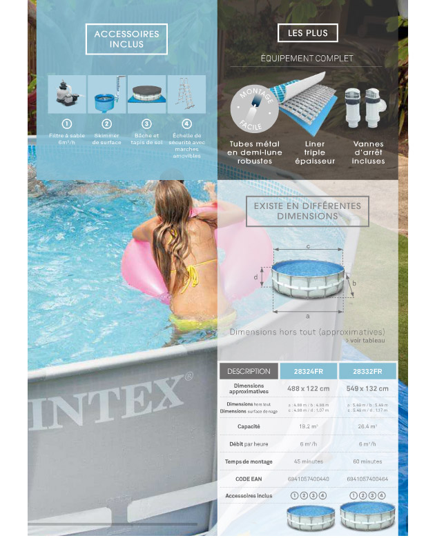 Kit piscine tubulaire Intex ULTRA FRAME ronde avec filtre a sable + skimmer + tapis + bache + echelle - Intex ULTRA FRAME Une piscine de qualité pour une baignade sans souci