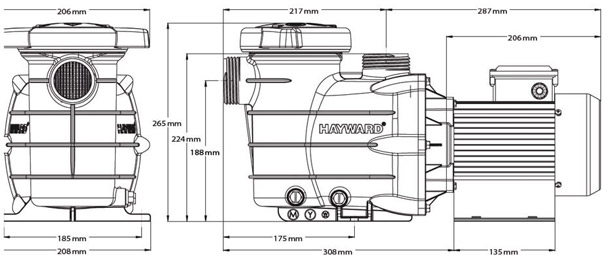 Pompe Hayward Powerline 1cv 15m³/h monophasee - Dimensions et performances de la pompe Hayward Powerline 1cv 15m³/h monophasée