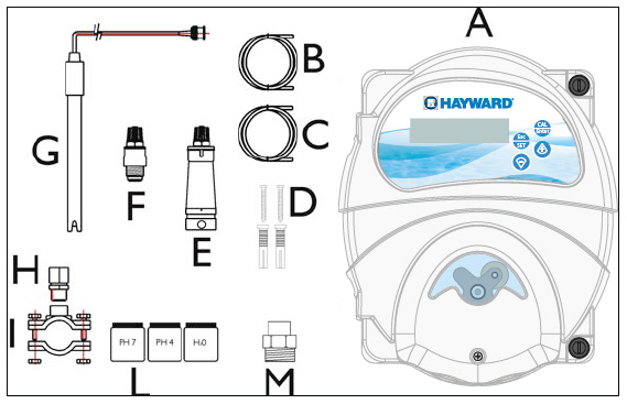 Pompe doseuse EZ pH Hayward - Caractéristiques techniques et contenu du pack de la pompe doseuse EZ pH Hayward