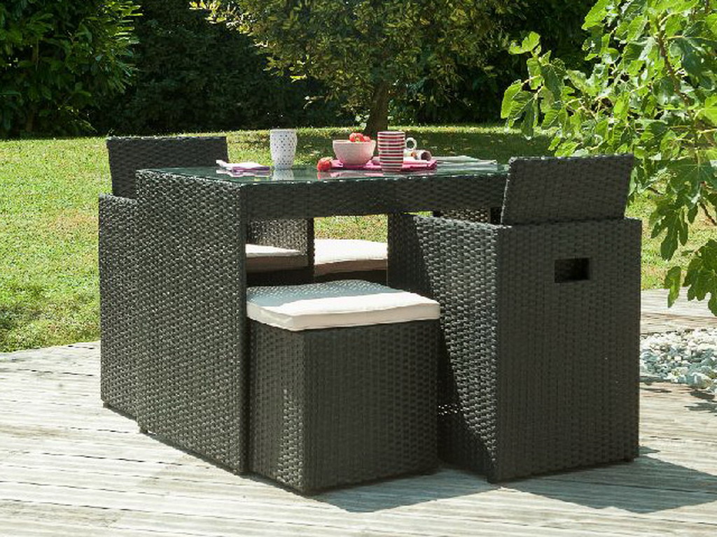 Salon de jardin en resine tressee avec table + 2 fauteuils encastrables + 2 poufs Noir