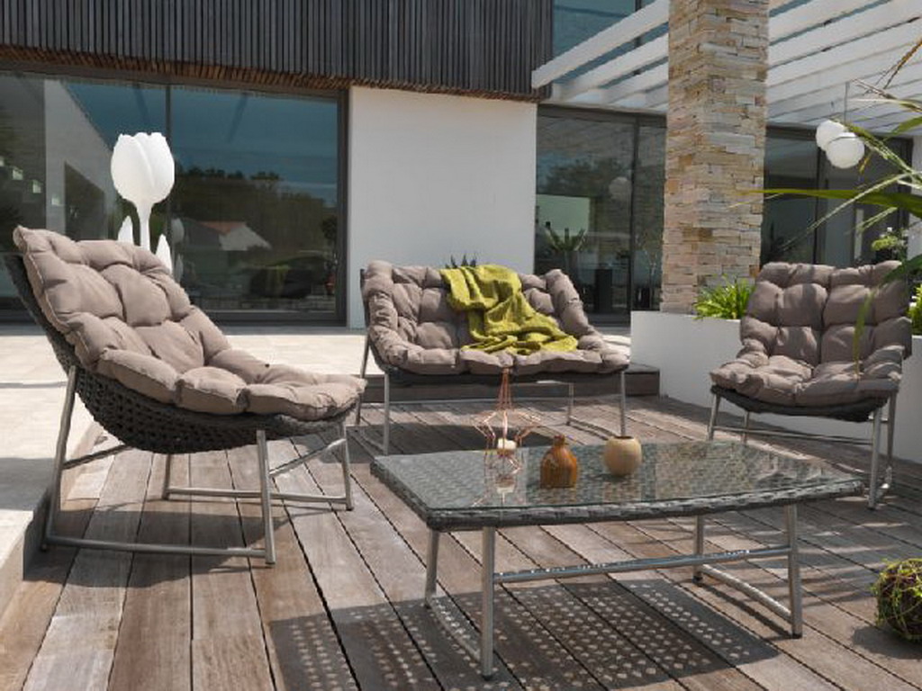 Salon de jardin SIDNEY 4 places inox et resine tressee Marron