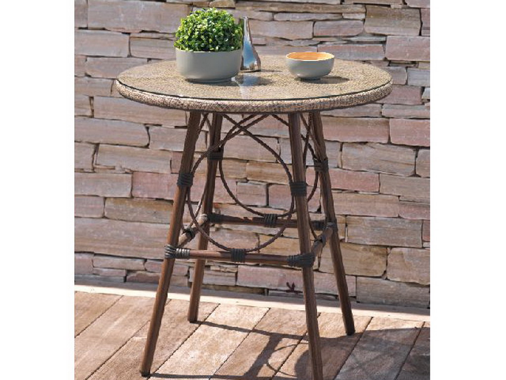 Table ronde de jardin USHUAIA ø70cm aluminium marron plateau verre textilene Lin