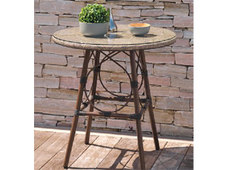 Table ronde de jardin USHUAIA ø70cm aluminium marron plateau verre textilene Lin