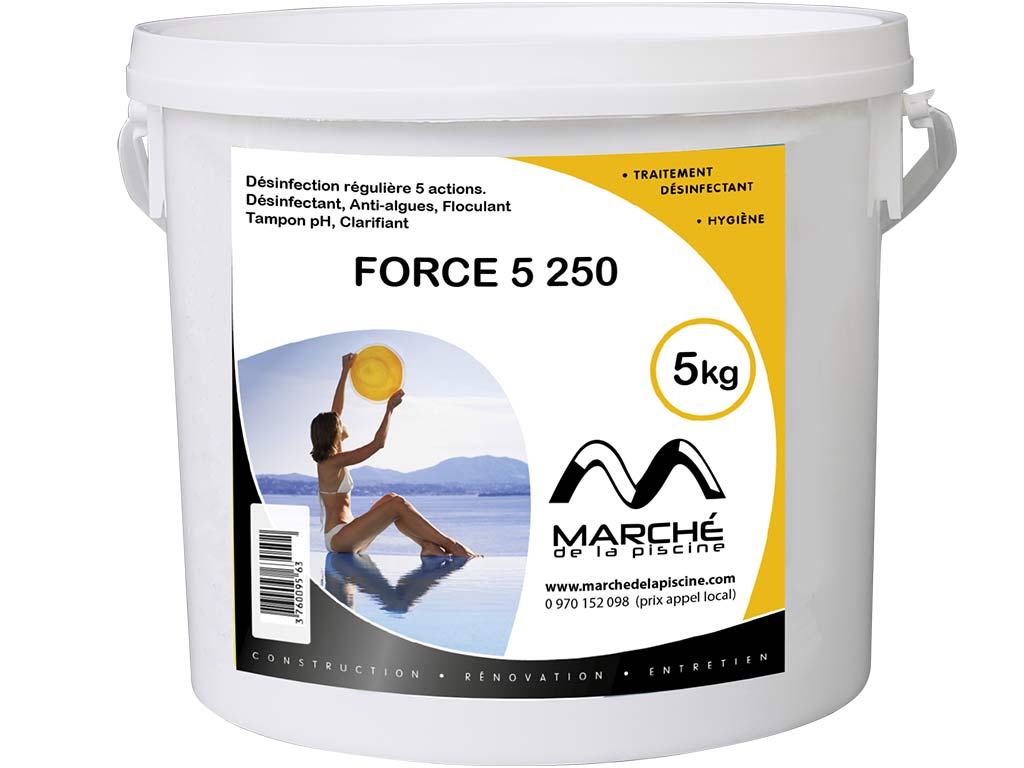 Desinfectant multifonction piscine FORCE 5 galets 250gr AquaPiscine seau 5kg