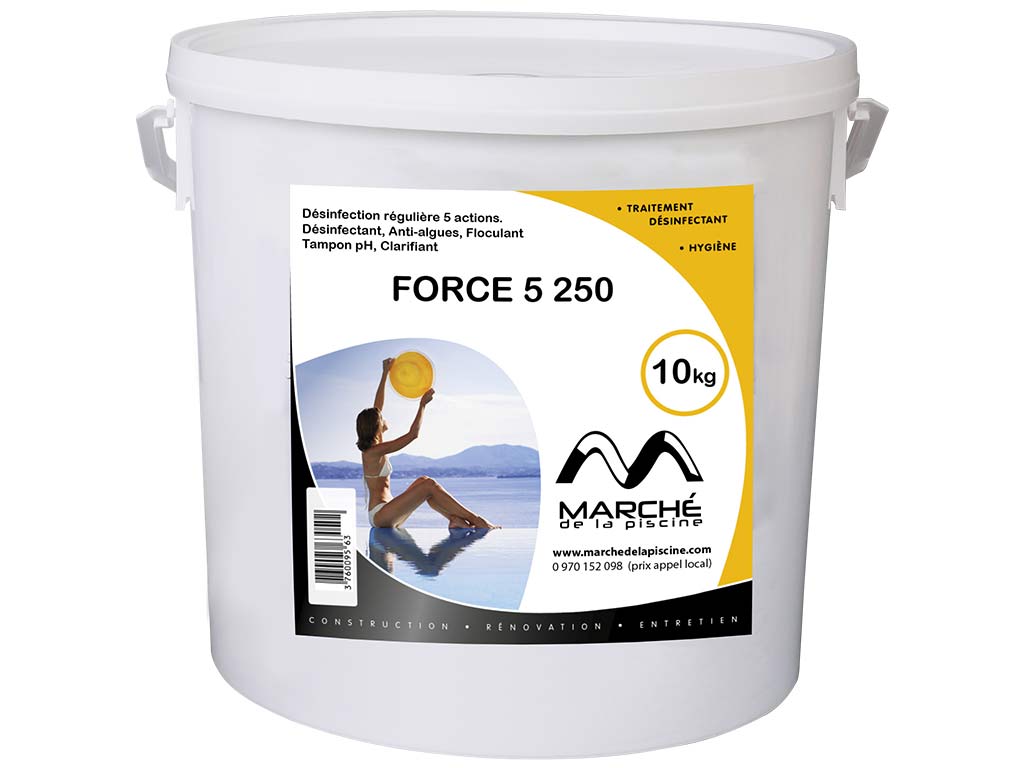 Desinfectant multifonction piscine FORCE 5 galets 250gr AquaPiscine seau 10kg