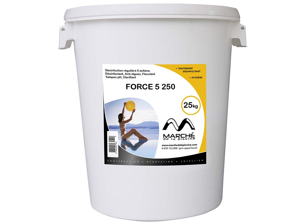 Desinfectant multifonction piscine FORCE 5 galets 250gr AquaPiscine seau 25kg