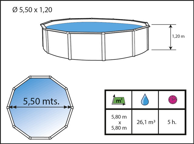 Kit piscine hors-sol acier Toi ANTHRACITE PRESTIGIO 120 ronde Ø550x120cm filtre a sable - Dimensions de la piscine Toi PRESTIGIO 120