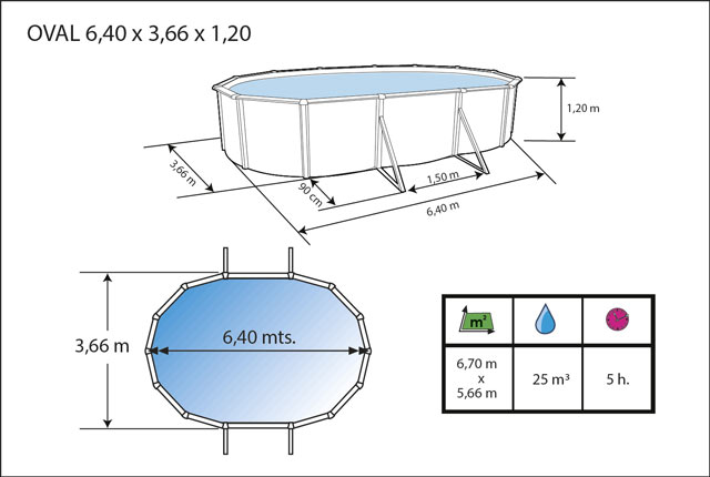 Kit piscine hors-sol acier Toi ANTHRACITE PRESTIGIO 120 ovale 640X366X120cm filtre a sable - Dimensions de la piscine Toi PRESTIGIO 120