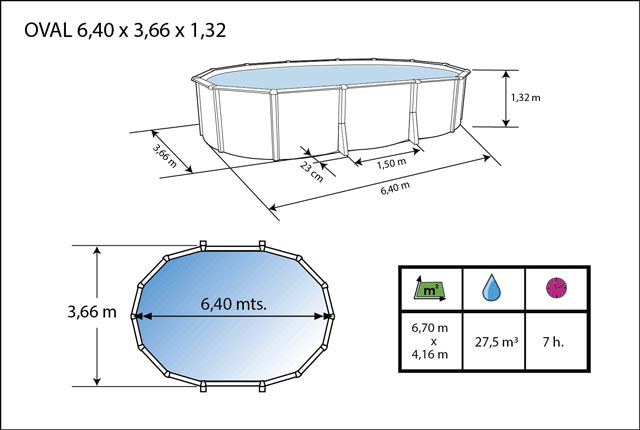 Kit piscine hors-sol acier Toi ANTHRACITE IBIZA COMPACT ovale 640X366X132cm filtre a sable - Dimensions de la piscine Toi IBIZA COMPACT