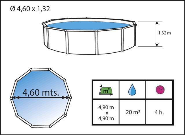 Kit piscine hors-sol acier Toi ANTHRACITE MAGNUM COMPACT ronde Ø460x132cm filtre a sable - Dimensions de la piscine Toi MAGNUM COMPACT