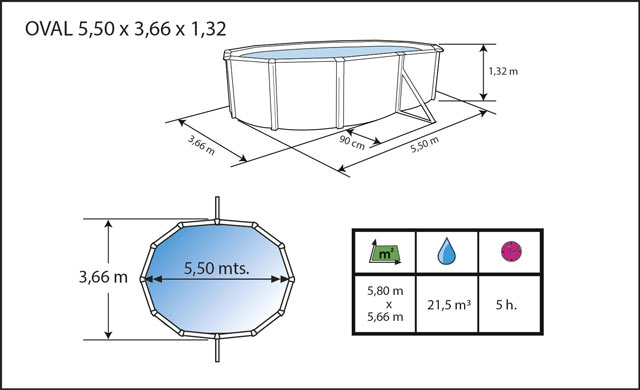 Piscine hors-sol acier Toi PRESTIGIO ovale 550x366x132cm filtre a sable 6m3/h - Dimensions de la piscine Toi PRESTIGIO 