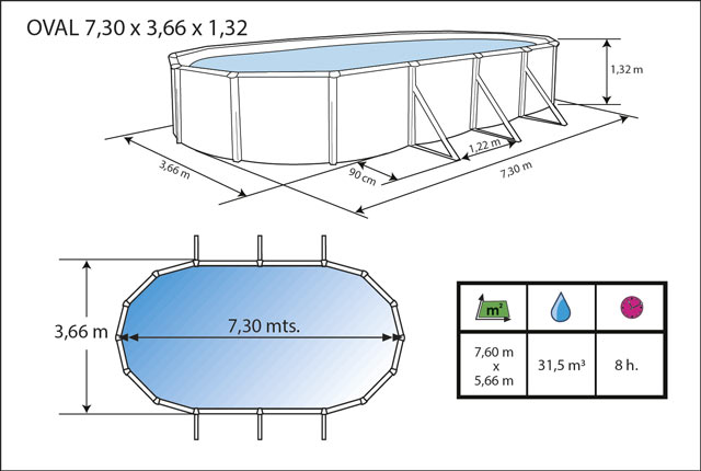 Piscine hors-sol acier Toi PRESTIGIO ovale 730x366x132cm filtre 12m3/h + liner 60/100 - Dimensions de la piscine Toi PRESTIGIO