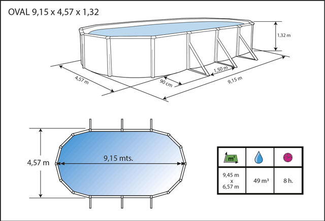 Piscine hors-sol acier Toi ANTHRACITE MAGNUM ovale 915x457x132cm liner gris - Dimensions de la piscine Toi ANTHRACITE MAGNUM 