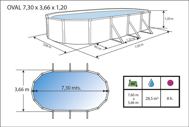 Kit piscine hors-sol acier Toi ANTHRACITE MALLORCA ovale 730x366x120cm filtre a sable - Dimensions de la piscine Toi MALLORCA 