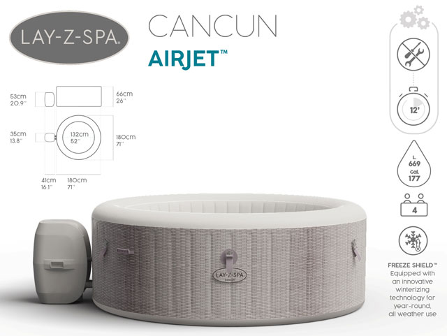 Spa gonflable Bestway LAY-Z-SPA CANCUN AirJet Ø180x66cm 2/4 places - Spa gonflable Bestway LAY-Z-SPA CANCUN Détente et relaxation au programme