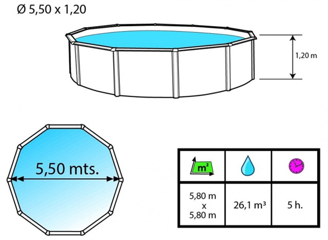 Kit piscine hors-sol acier Toi PRESTIGIO 120 ronde Ø550x120cm filtre a sable 8,5m³/h - Dimensions de la piscine Toi PRESTIGIO 120