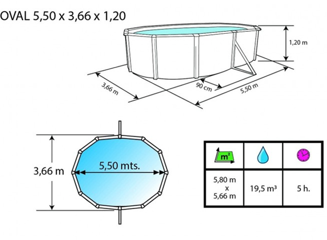 Kit piscine hors-sol acier Toi PRESTIGIO 120 Ovale 550x366x120 filtre a sable 8,5m³/h - Dimensions de la piscine Toi PRESTIGIO 120