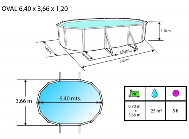 Kit piscine hors-sol acier Toi PRESTIGIO 120 Ovale 640x366x120 filtre a sable 8,5m³/h - Dimensions de la piscine Toi PRESTIGIO 120