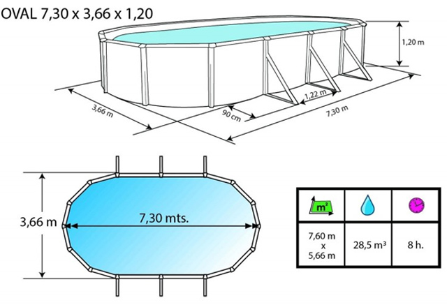 Kit piscine hors-sol acier Toi PRESTIGIO 120 Ovale 730x366x120 filtre a sable 8,5m³/h - Dimensions de la piscine Toi PRESTIGIO 120