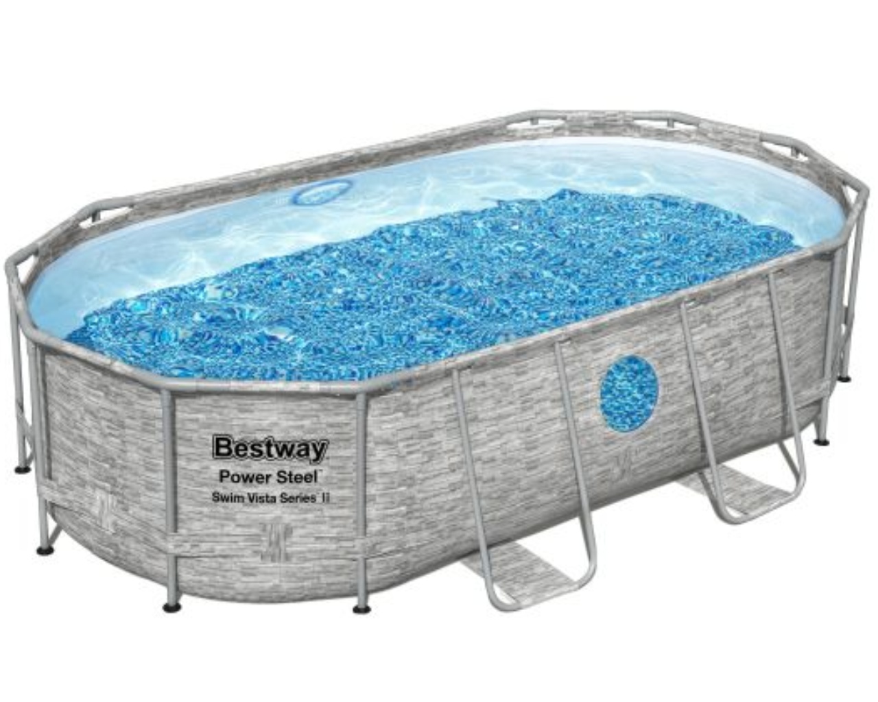 Kit piscine Bestway POWER STEEL SWIM VISTA ovale 488x305x107cm effet pierre grise avec hublots filtration sable