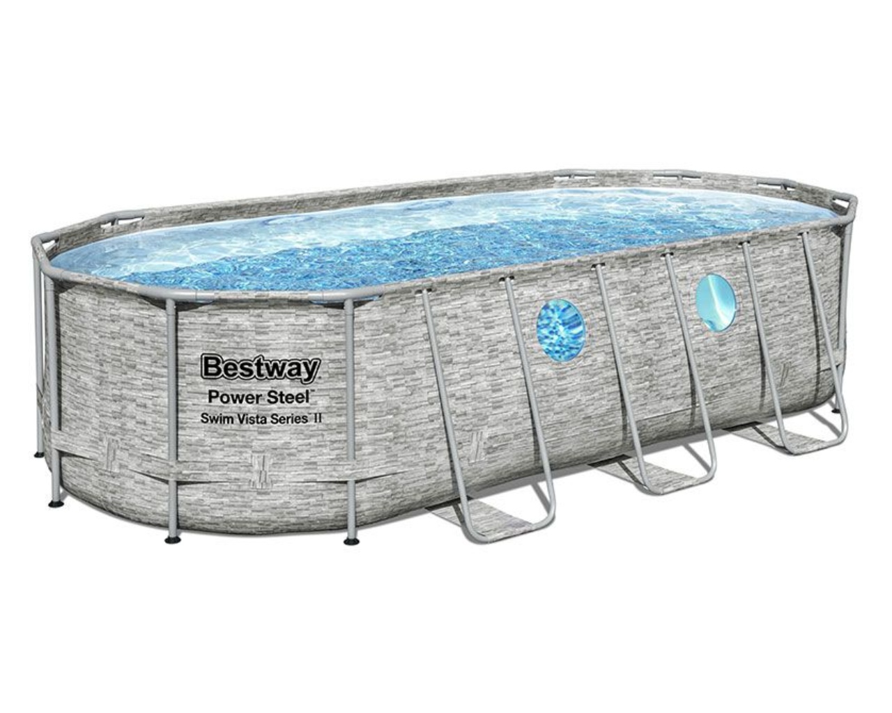 Kit piscine Bestway POWER STEEL SWIM VISTA POOL ovale 549x274x122cm aspect pierre grise avec hublots