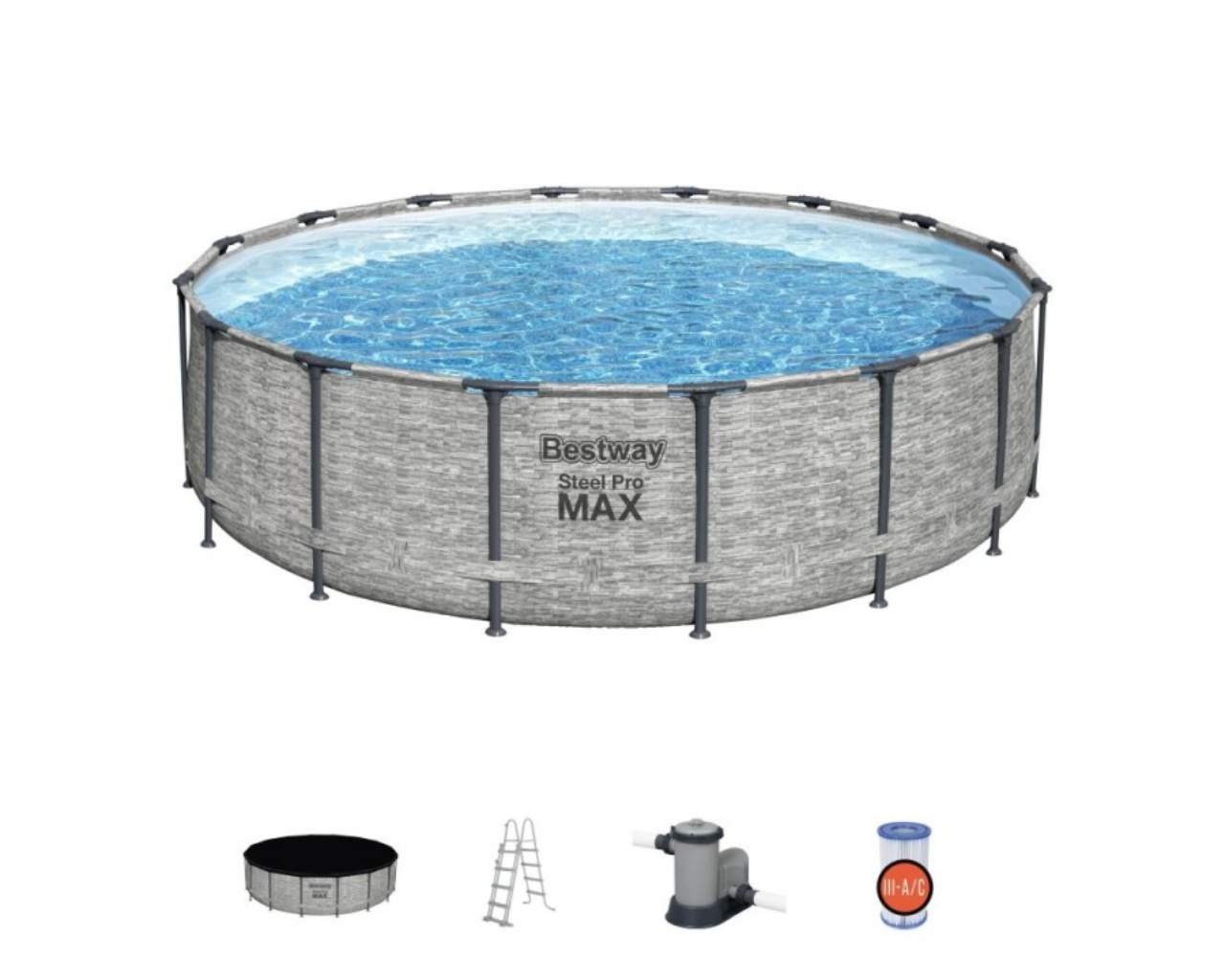 Kit piscine Bestway POWER STEEL SWIM VISTA POOL ronde Ø488x122cm effet pierre grise