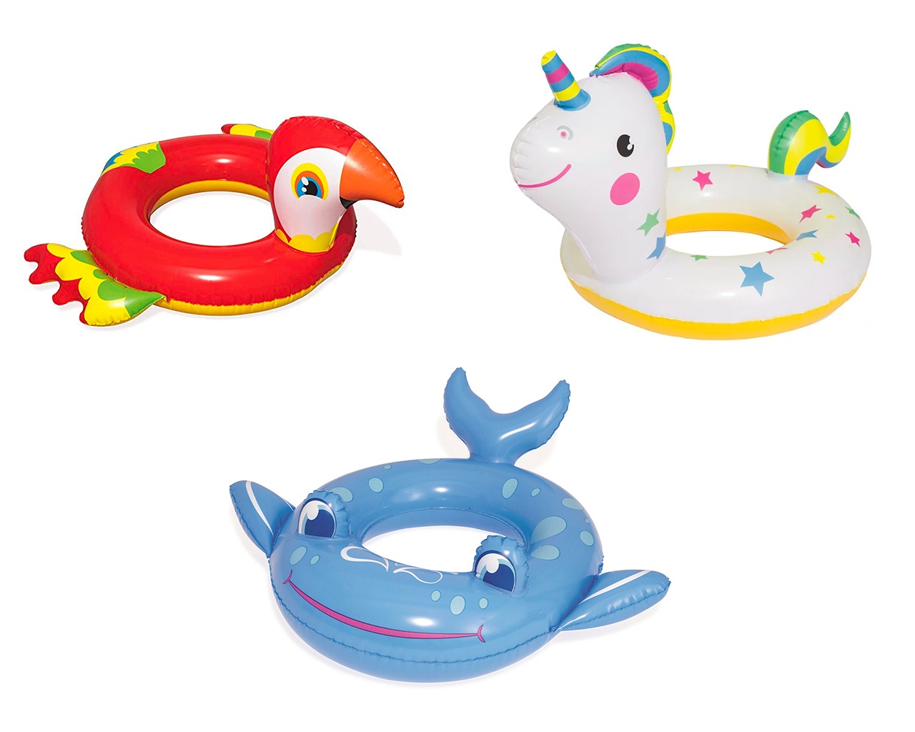 Bouees gonflables piscine Bestway animaux BALEINE 84x71cm ou PERROQUET 84x76cm ou LICORNE 79x58cm