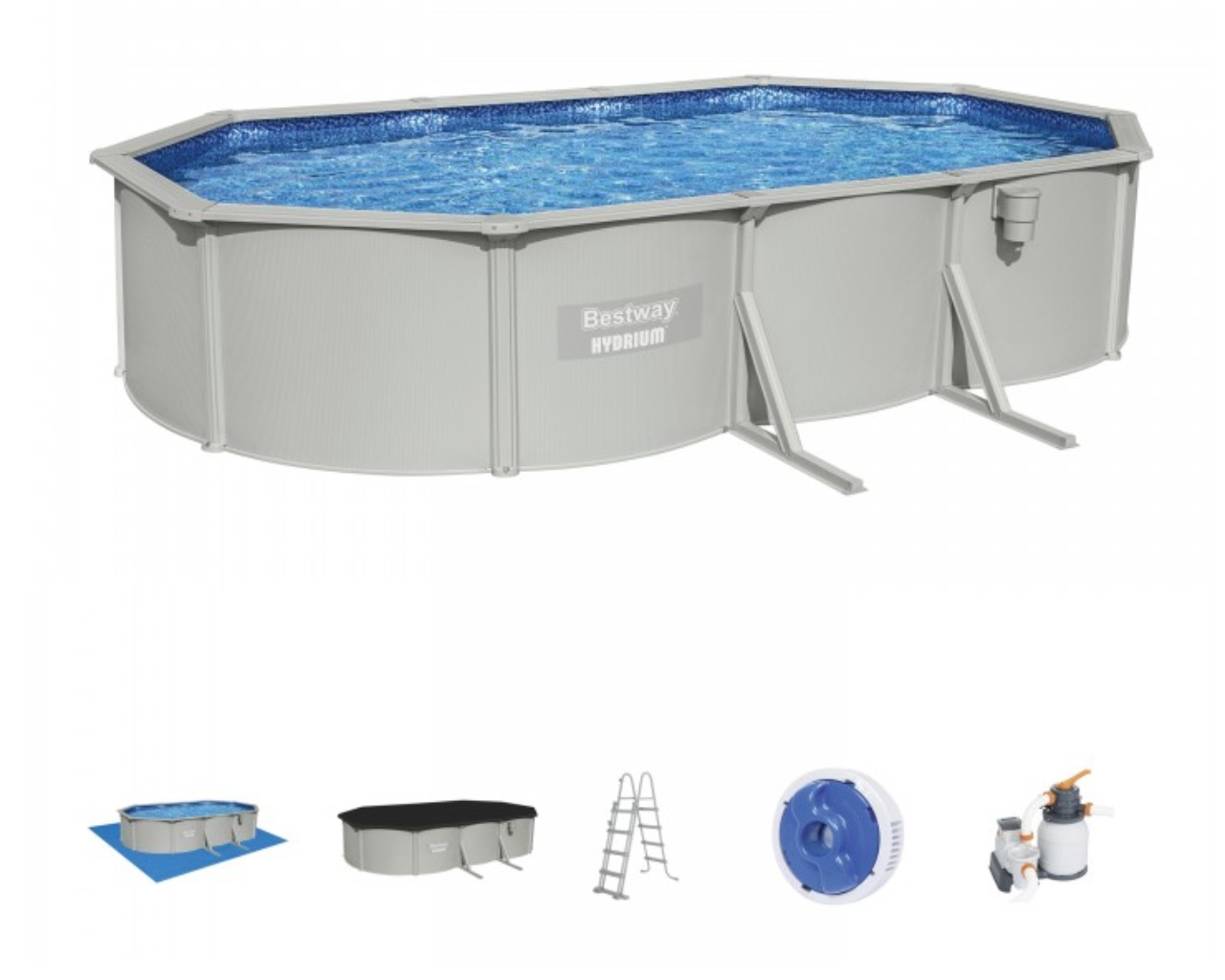 Kit piscine acier Bestway HYDRIUM Grise ovale 610x360x120 cm filtration a sable + echelle + tapis