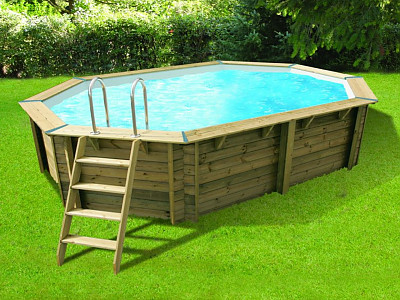 Piscine bois Ubbink AZURA octogonale allongee 355x490x130cm liner bleu