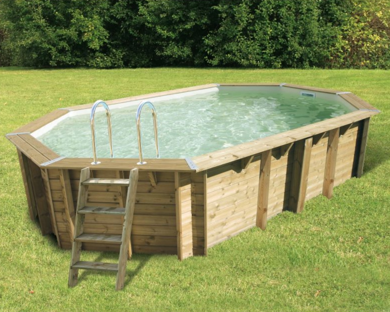 Piscine bois Ubbink AZURA octogonale allongee 355x490x130cm liner beige