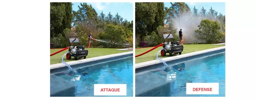 Motopompe piscine protection incendie POOL SAM Poolex contre feu de foret - Un rayon d'action de 50 m autour de la piscine